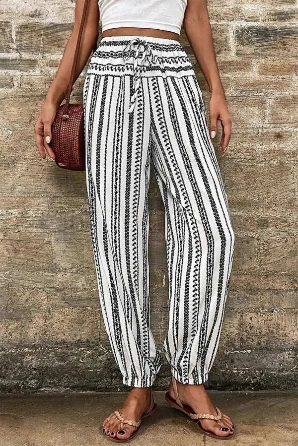 Elastic Waist Printed High Waist Drawstring Pants