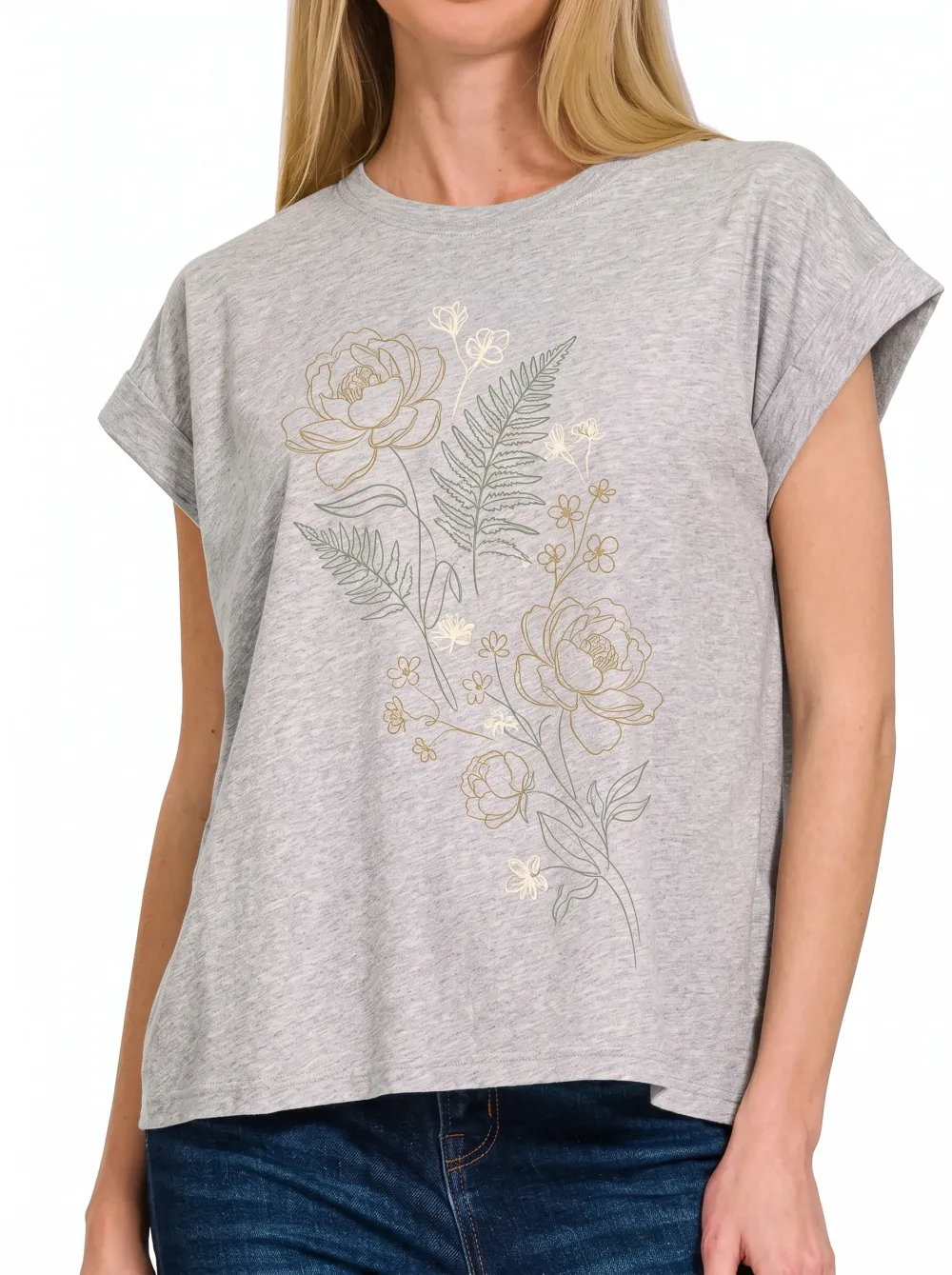 Women's Botanical Floral Fern Line Art Printed T-shirt
