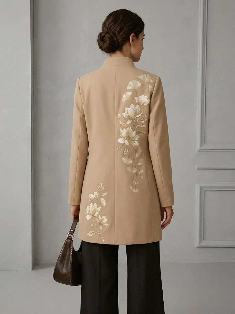 Women's Floral Ginkgo Leaf Beige Printed Coat