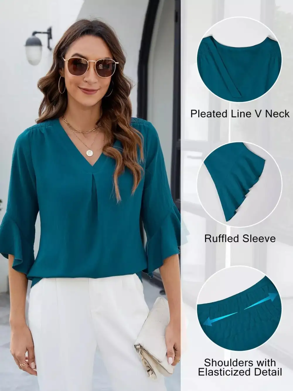 V Neck Ruffle Sleeve Blouse