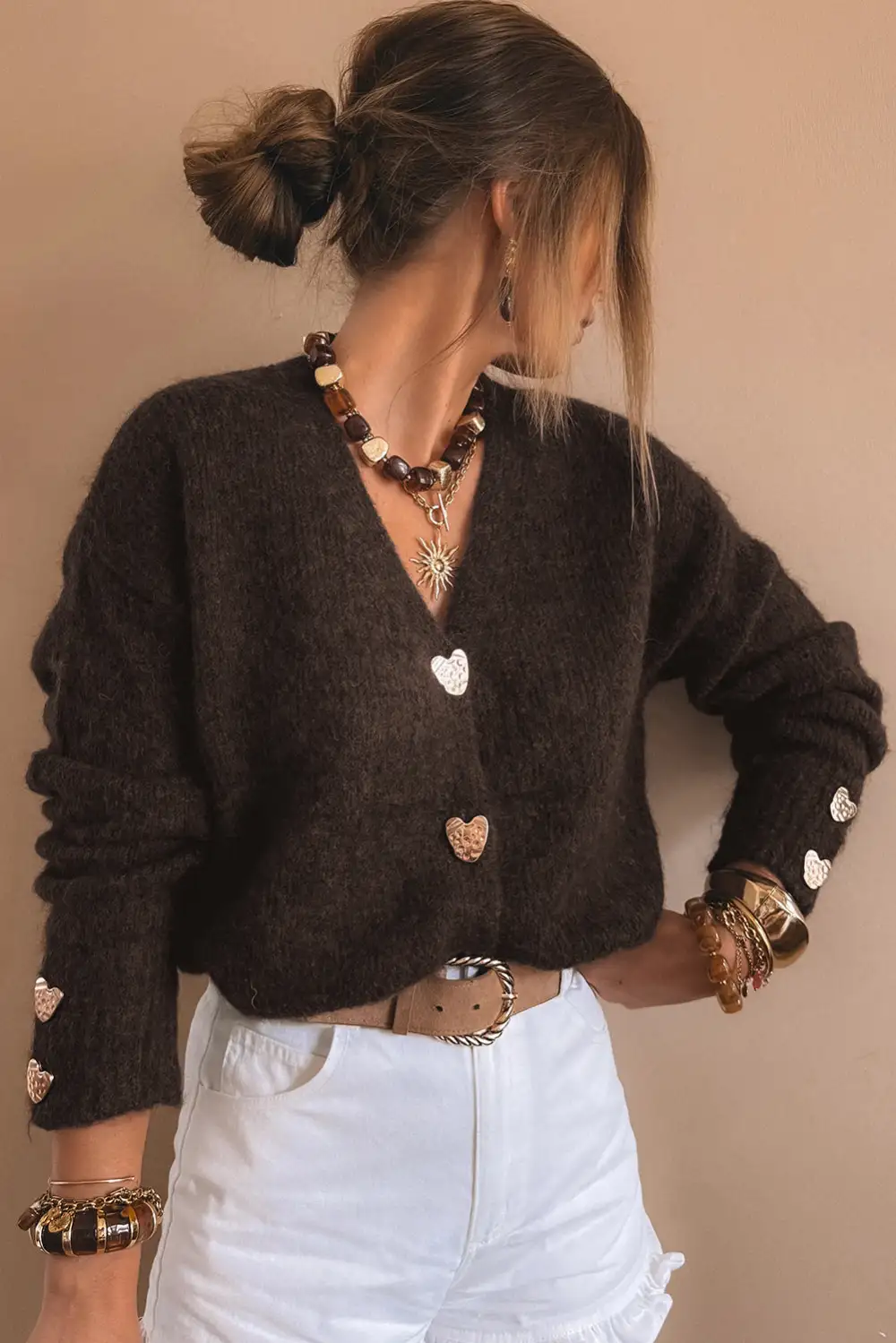 Heart Metal Button V Neck Everyday Layer Cardigan
