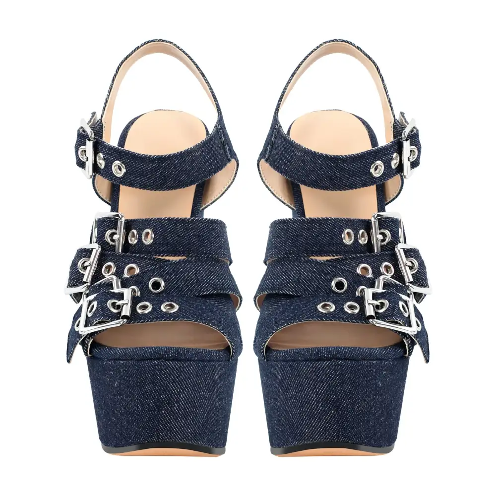 Denim Platform Wedge Heel Buckle Strap Sandals