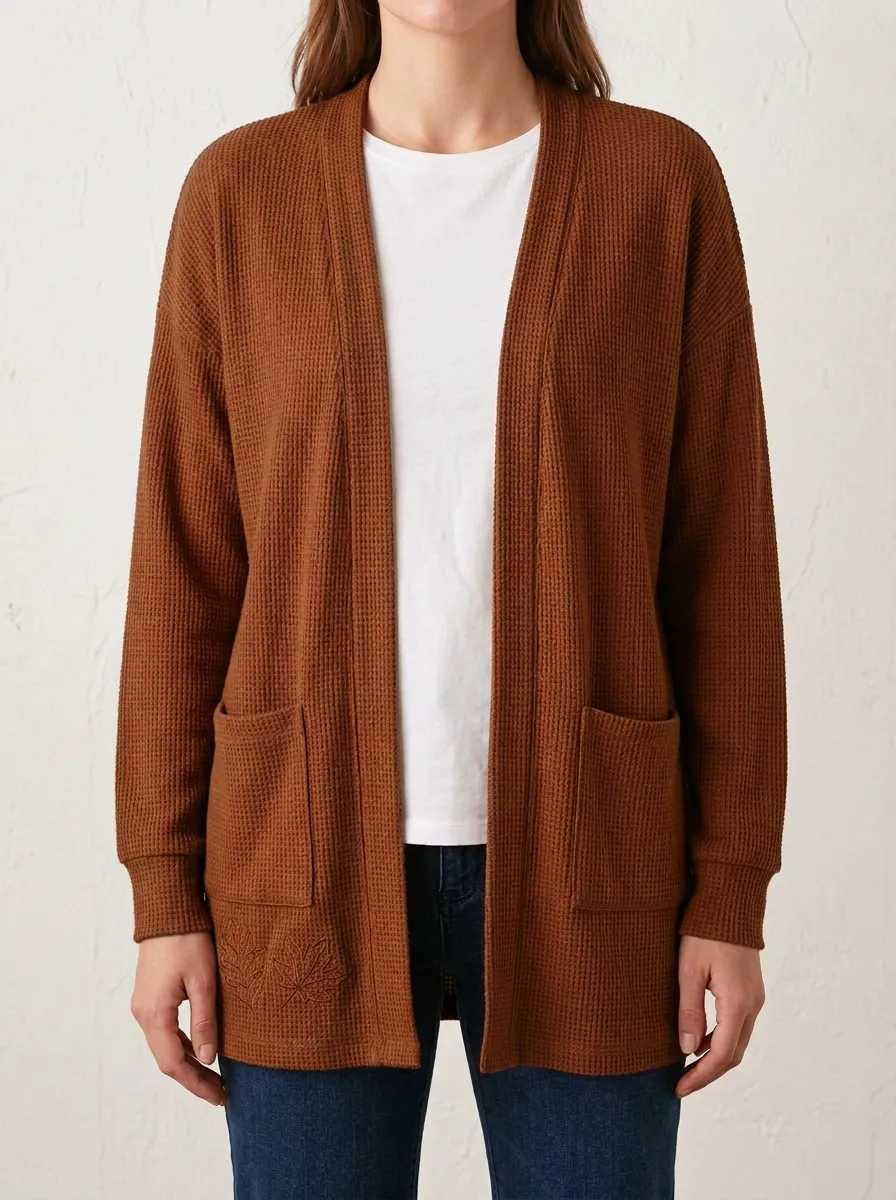 Classic Maple-Leaf Embroidered Waffle-Knit Knit Cardigan