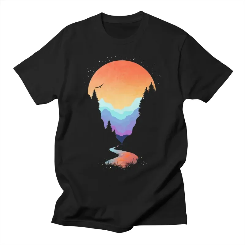 Loose Fit Basic Sunrise Print Cotton Short-Sleeved Shirt