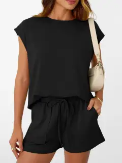 Tailored Drawstring Pocketed Top and Shorts Matching Set