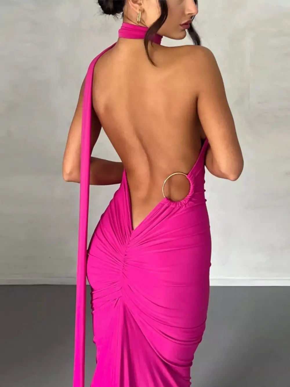 Backless One Shoulder Ruched Bodycon Maxi Dress