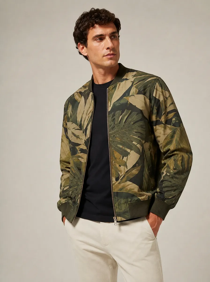 Men's Olive Tropical Print Bomber Jacket with Pocketless streamlined construction with Full-length front metal zipper closure