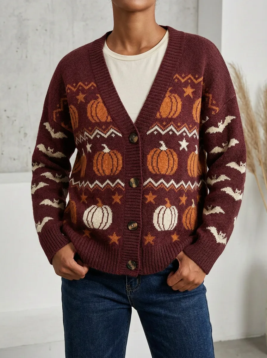 Women's Pumpkin Bat Halloween Knit Cardigan