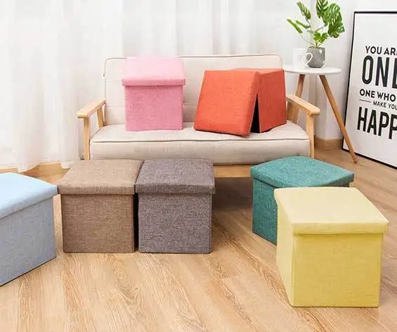 Classic Lidded Rectangular Fabric Linen Ottoman Laundry Hamper