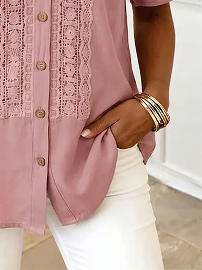 Women'S Casual V-Neck Lace-Trimmed Short-Sleeved Shirt