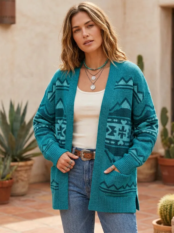 Women's Western Boho Aztec Geometric Pattern Printed Cardigan Sweater
