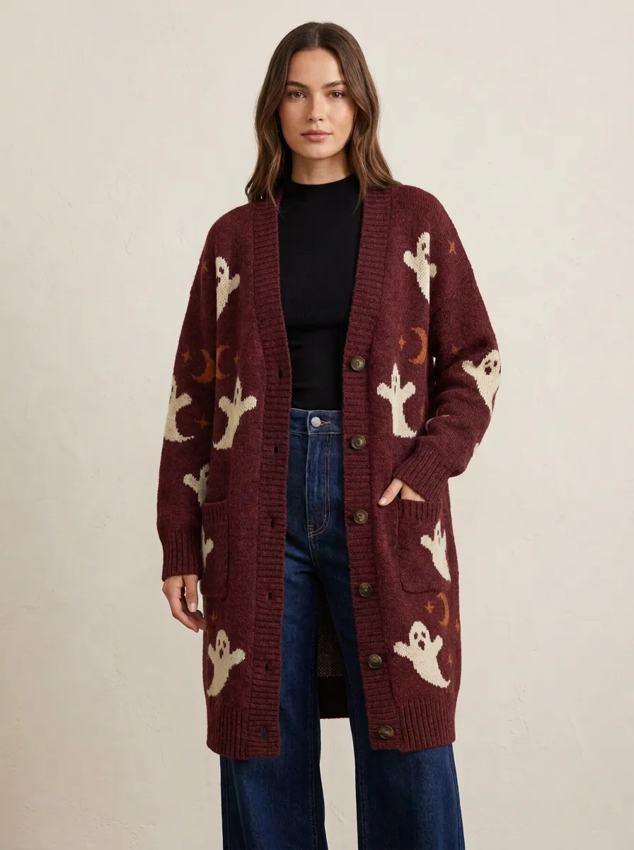 Women's Halloween Ghost Moon Pattern Printed Cardigan
