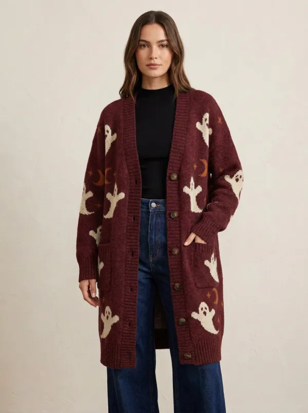 Women's Halloween Ghost Moon Pattern Printed Cardigan