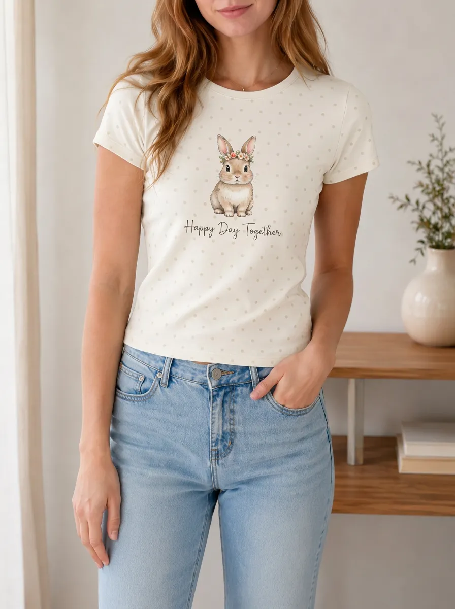 Women's Floral Bunny Happy Day Together Printed T-shirt