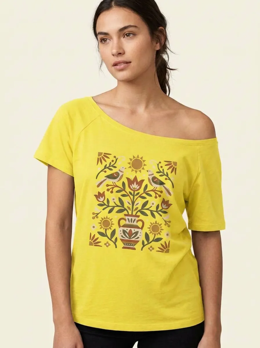 Women's Folk Art Bird Floral Vase Printed T-shirt