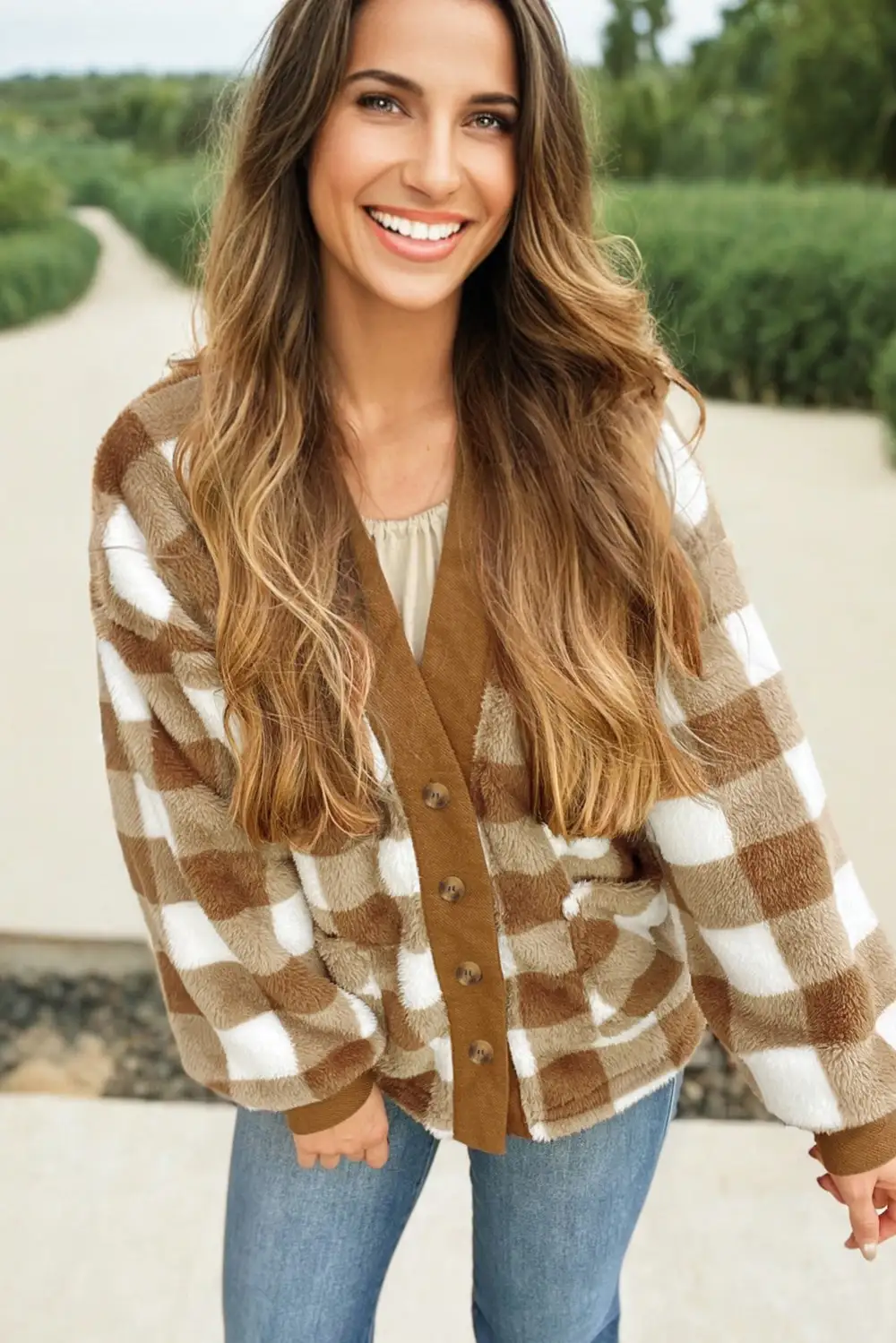 Checkered Sherpa Loose Knit Pocketed Cardigan
