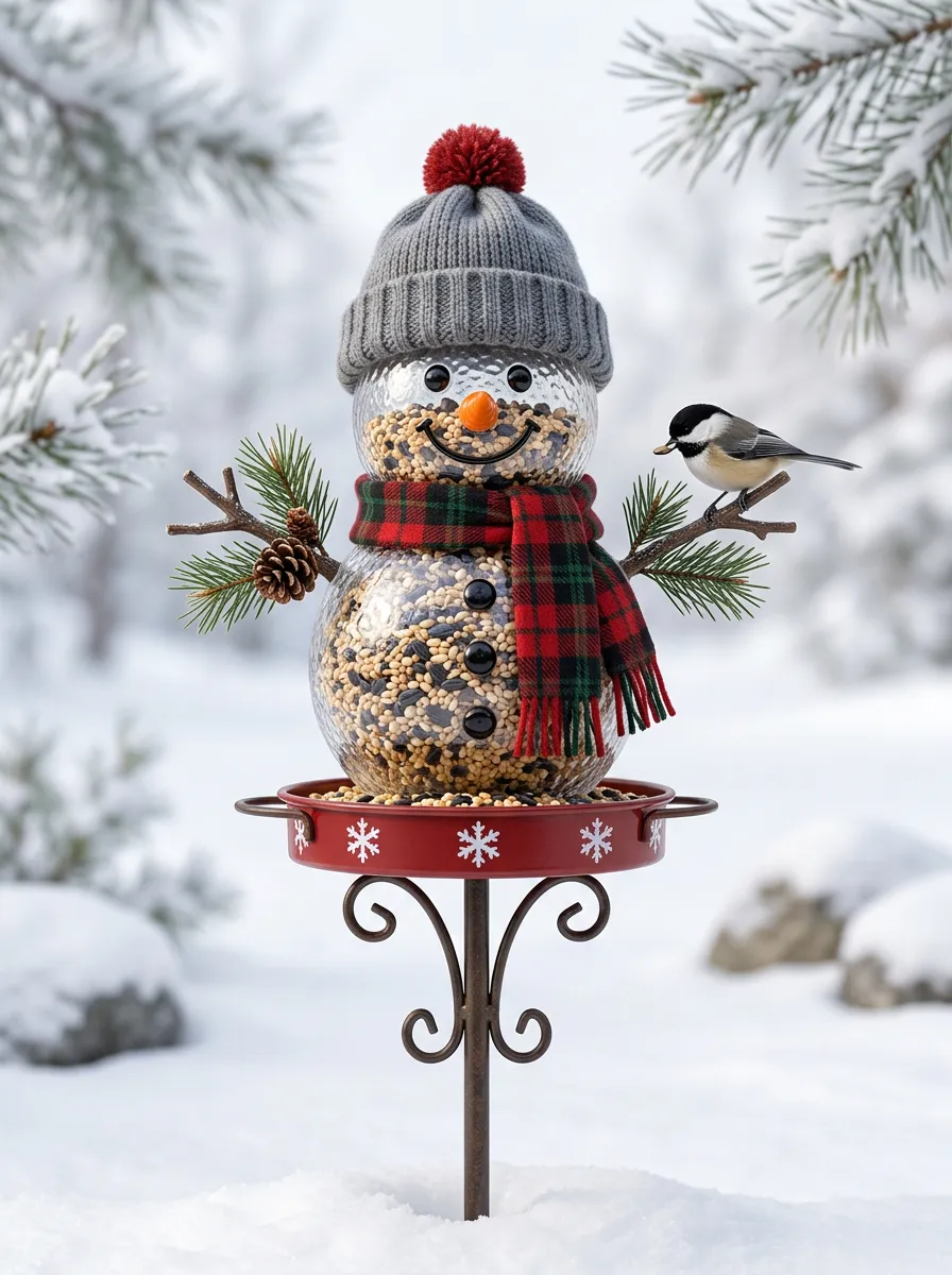 Traditional Snowman Plaid Scarf Christmas Bird Feeder