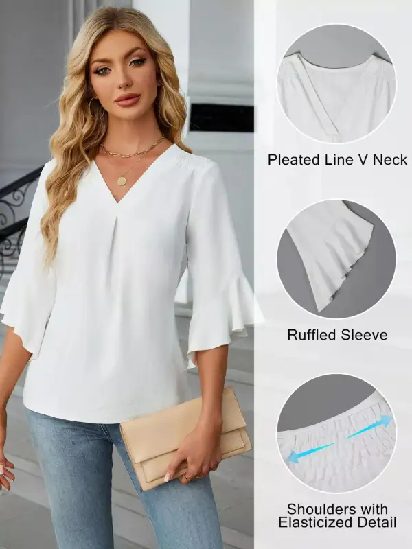 V Neck Ruffle Sleeve Blouse