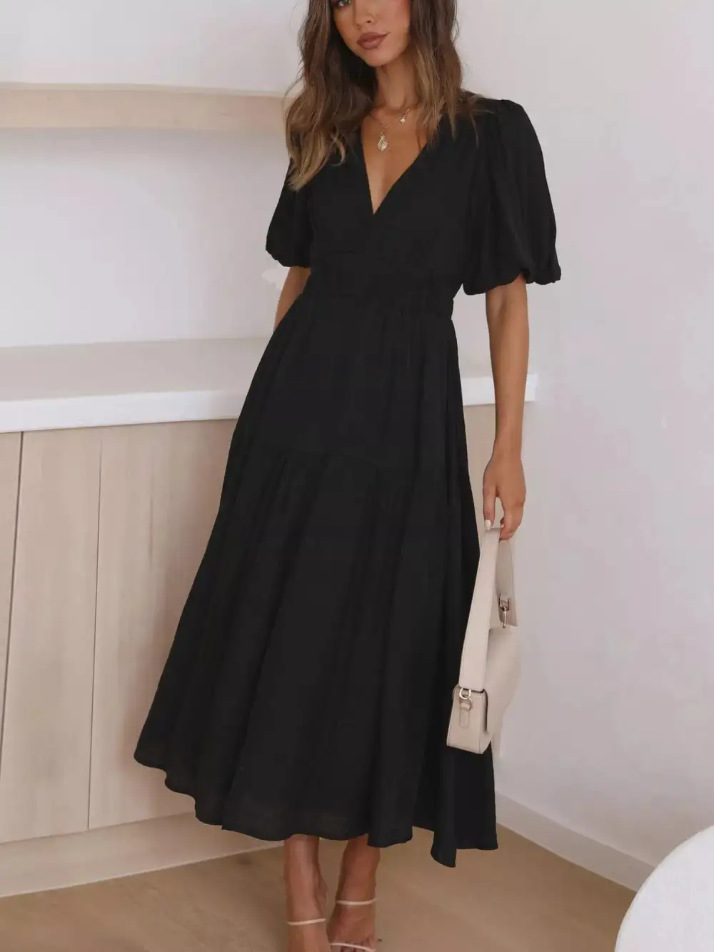 V Neck Puff Sleeve Midi Dress