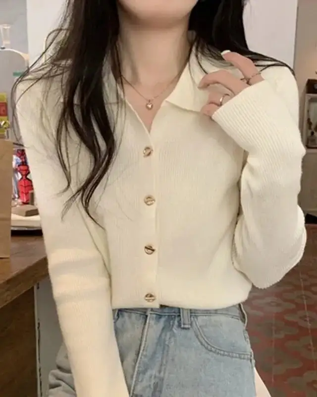 Polyester-Blend Button-Front Polo-Collar Relaxed-Fit Cardigan