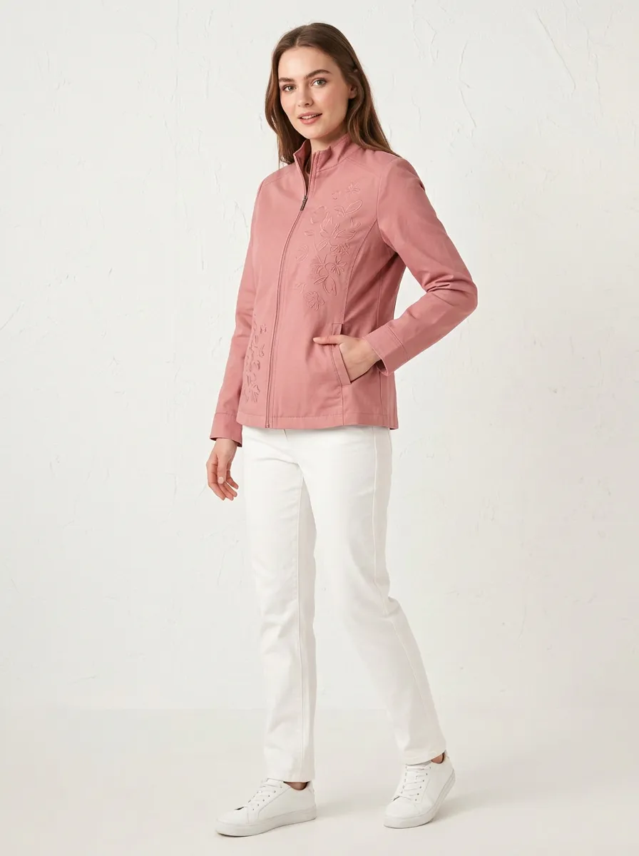 Women's Floral Embroidery Pink Stand Collar Zip-up Jacket
