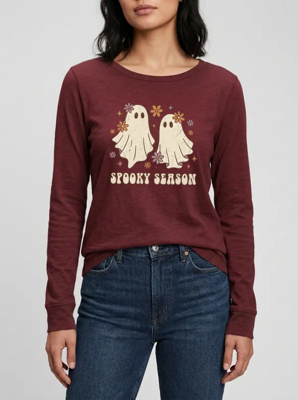 Women's Halloween Spooky Season Floral Ghost Printed Long Sleeve T-shirt
