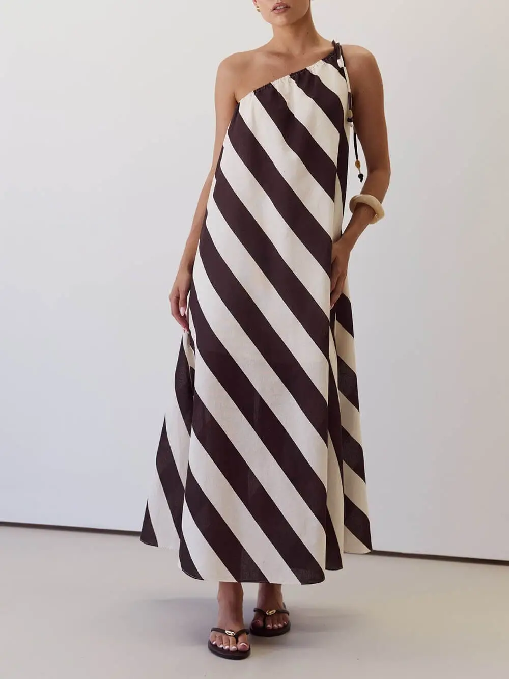 Stripe Print One Shoulder Maxi Dress