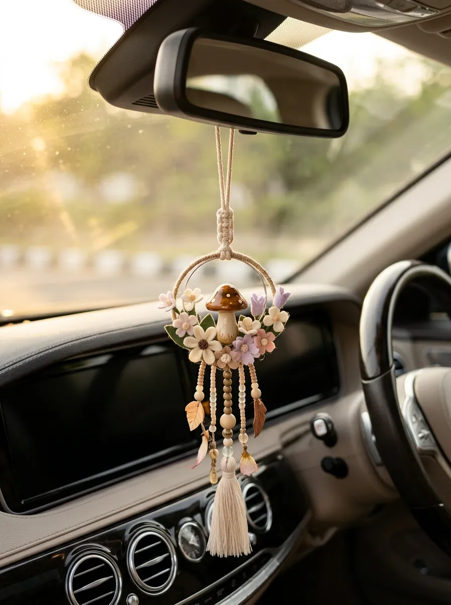 Macrame Floral Rearview Mirror Hanging Ornament
