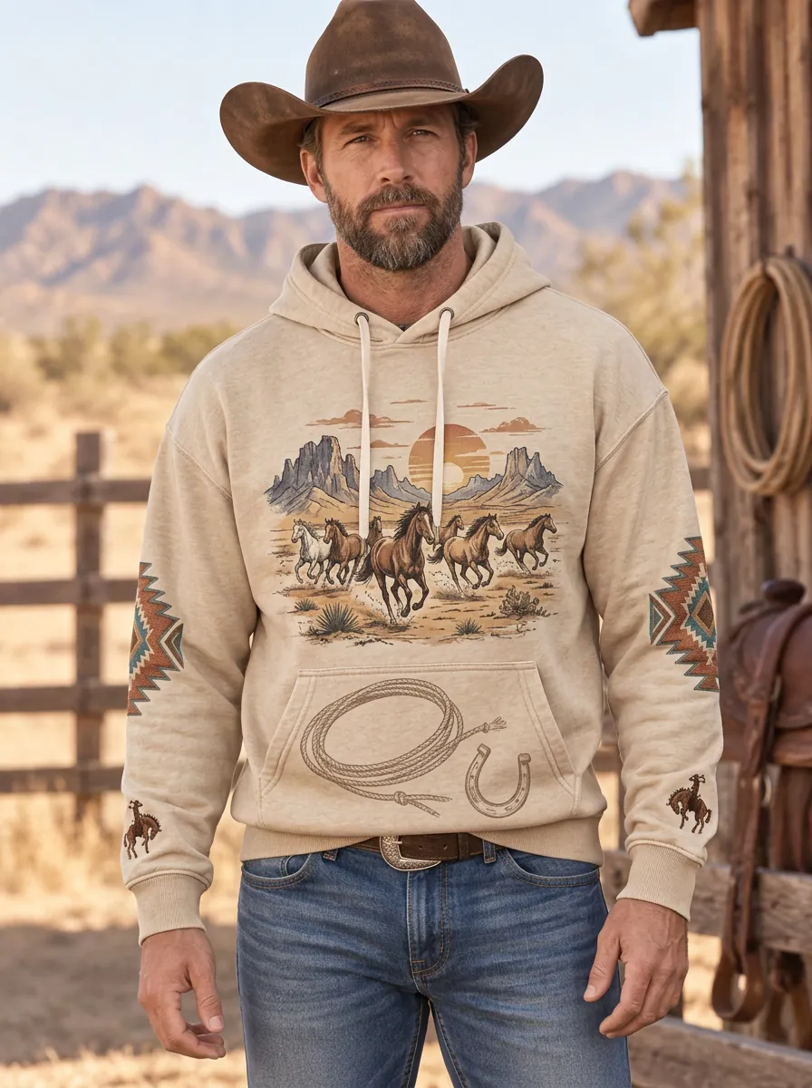 High Desert Horse Sunset Sun Graphic Men's Western Sweatshirt