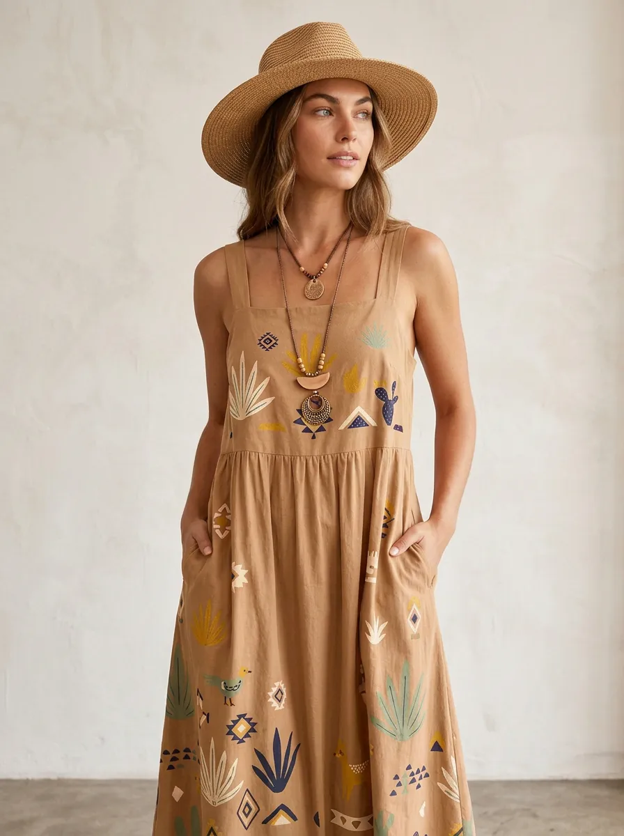 Boho Desert Cactus Animal Midi Dress