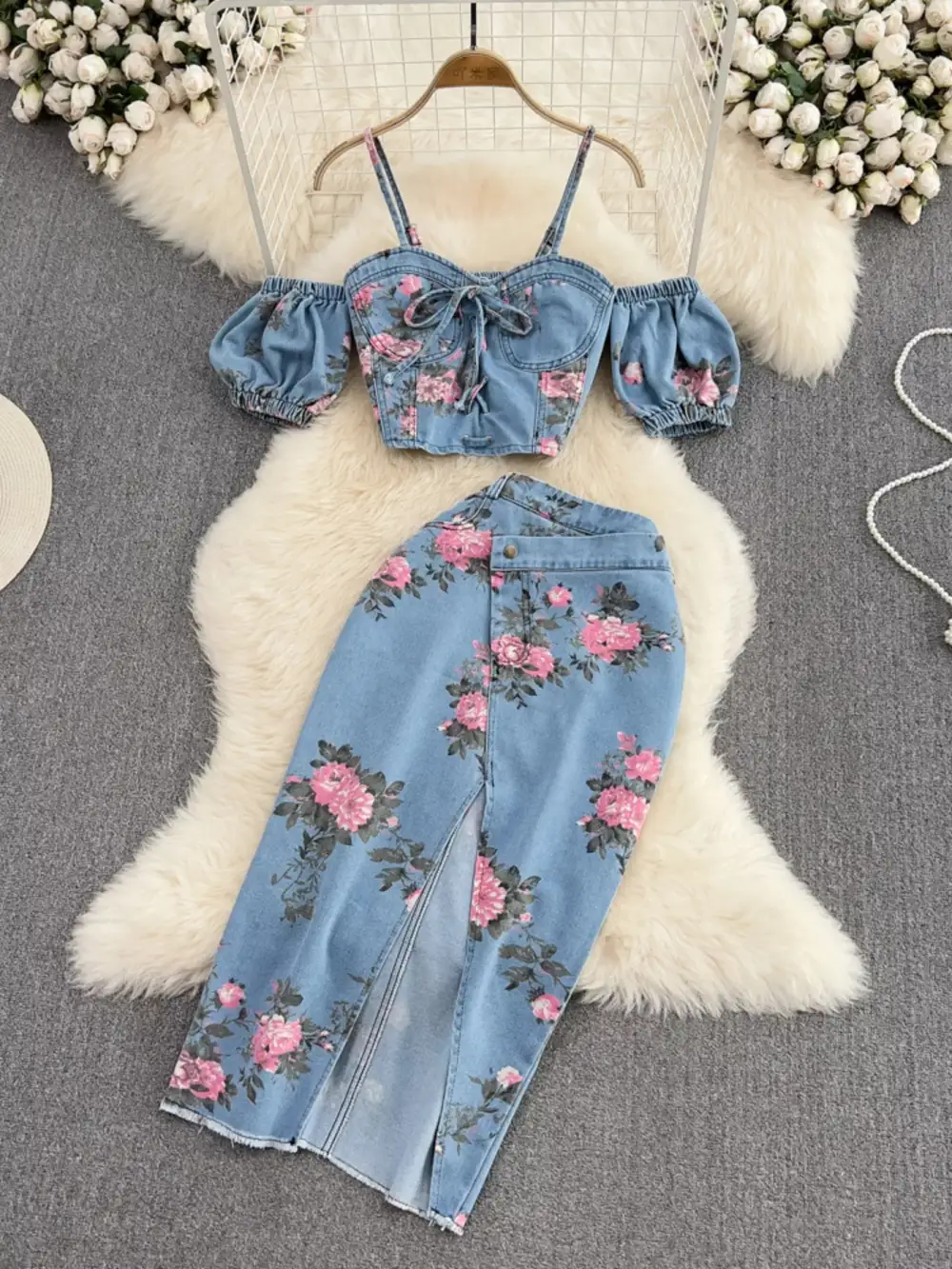 Smocked Denim Coordinated Set Pants