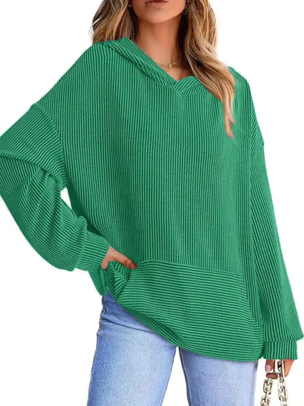 Pocketed Oversized Ribbed Hoodie