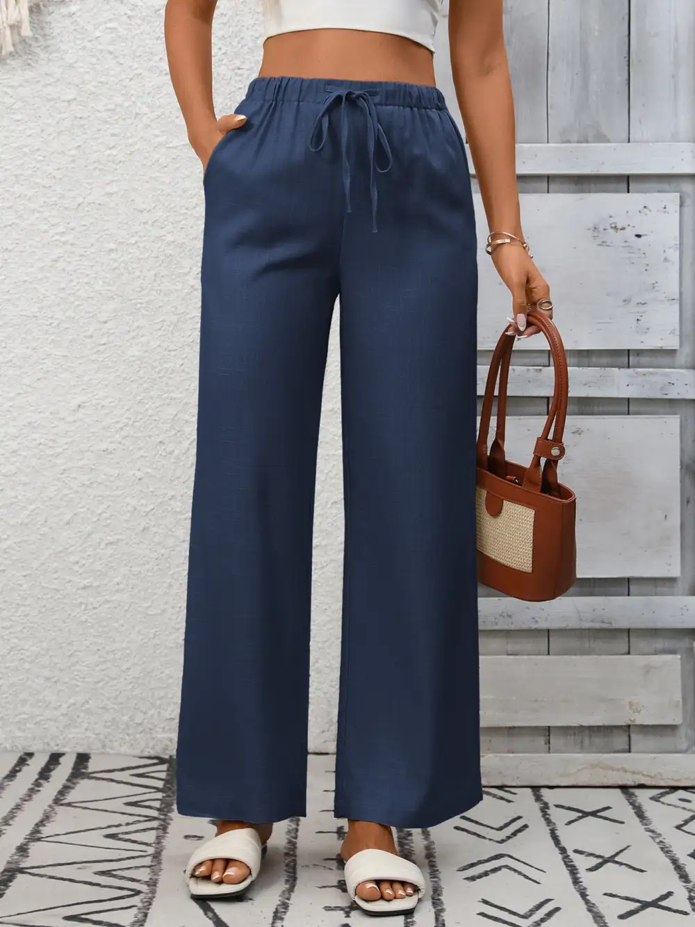 Drawstring High Waist Wide Leg Pants