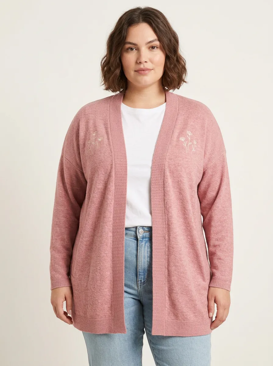 Women's Floral Minimalist Pink Embroidered Casual Cardigan