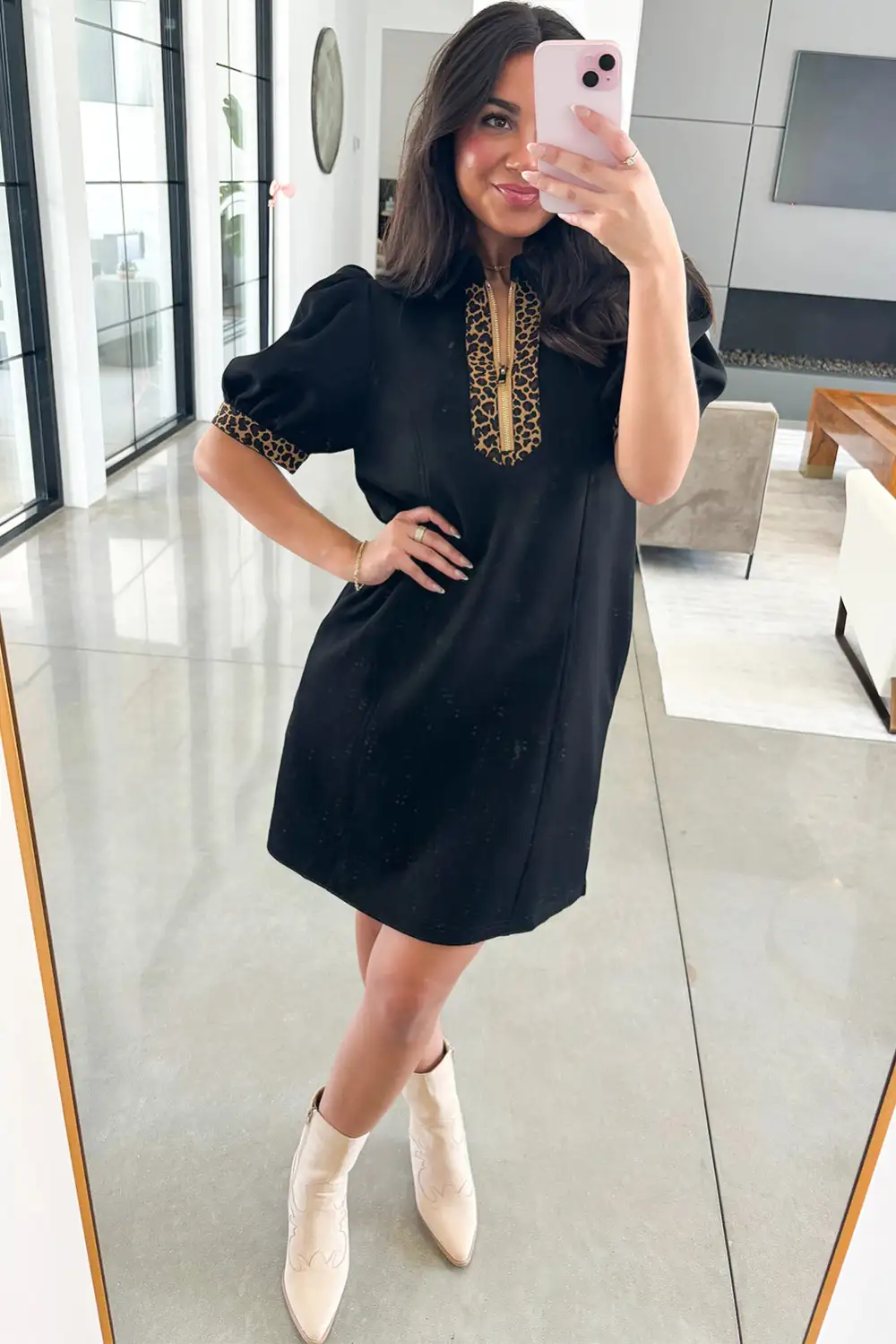 Finish Animal Print Patchwork Zip Front Mini Dress