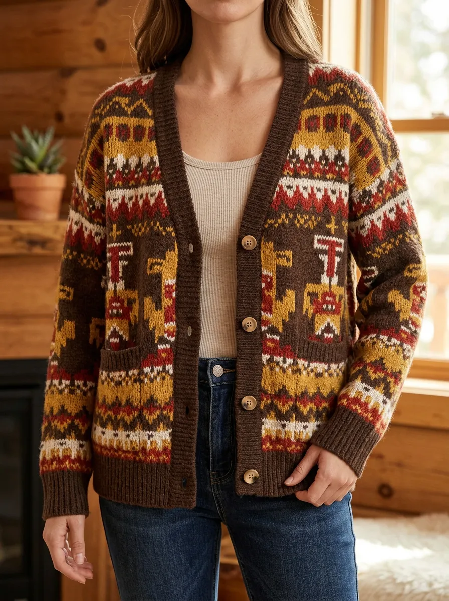 Women's Boho Style Aztec Geometric Pattern Printed Cardigan