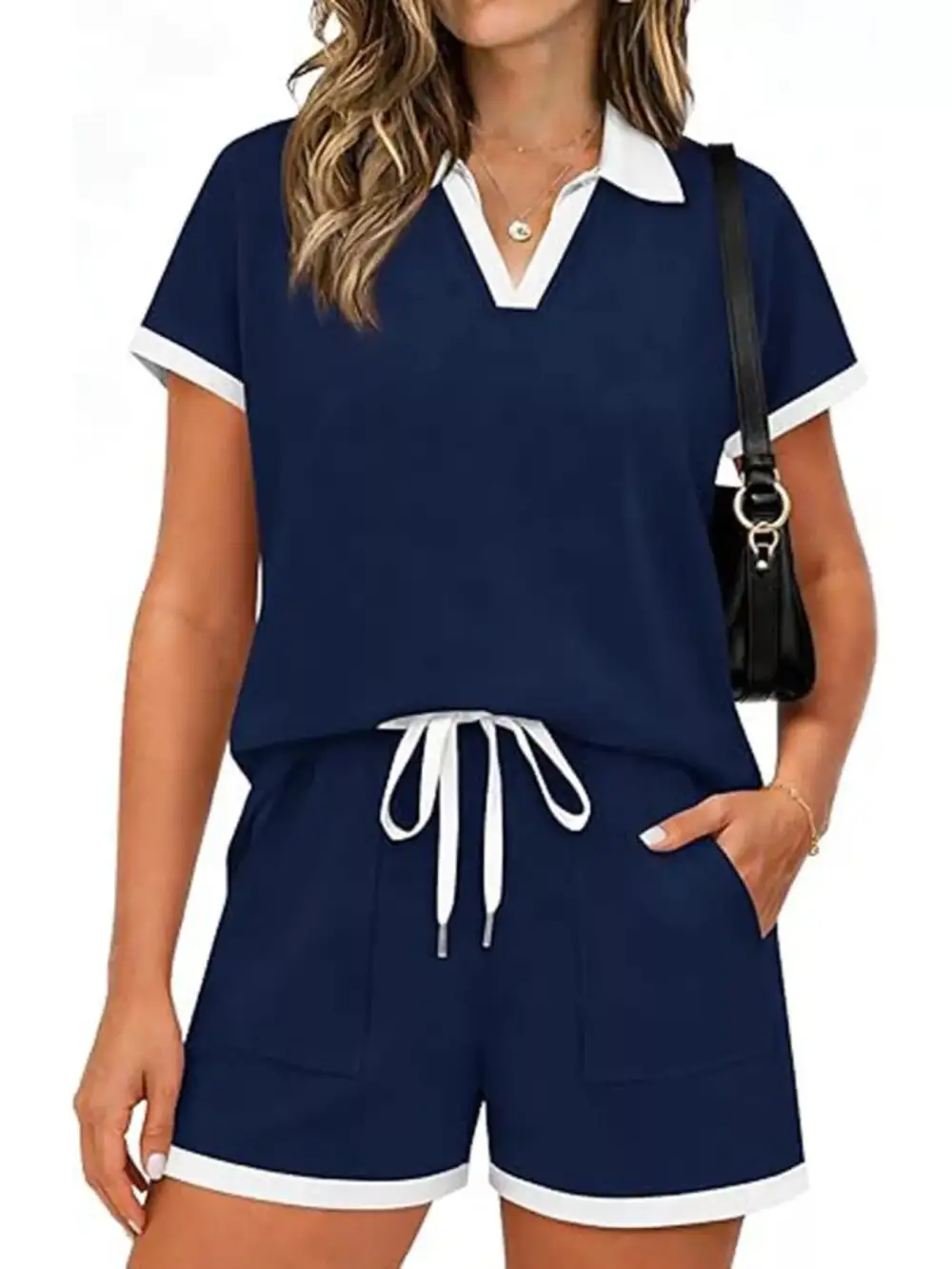 Polo Collar Short Sleeve Top Shorts Set
