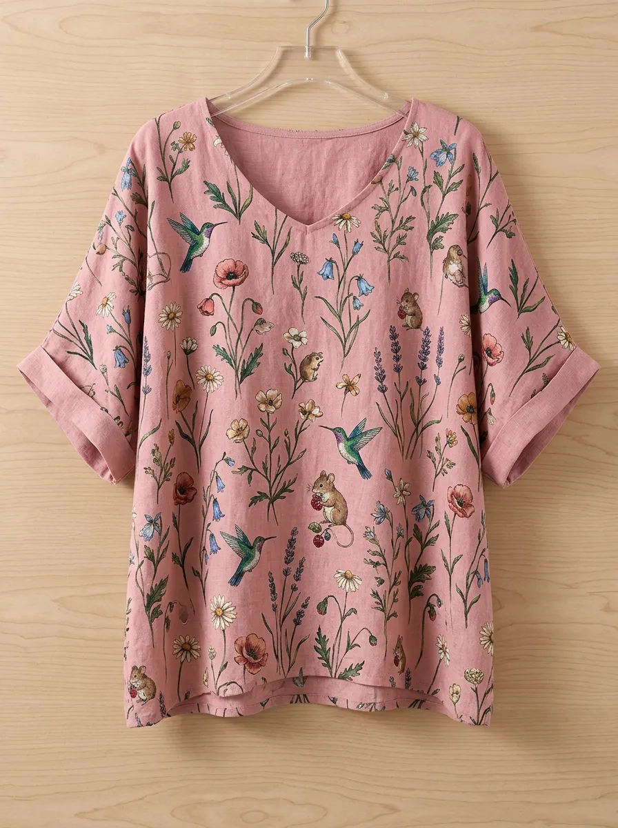 Hummingbird Floral V-Neck Women's Loose Printed Blouse