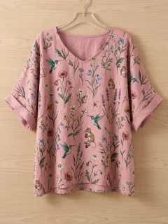 Hummingbird Floral V-Neck Women's Loose Printed Blouse