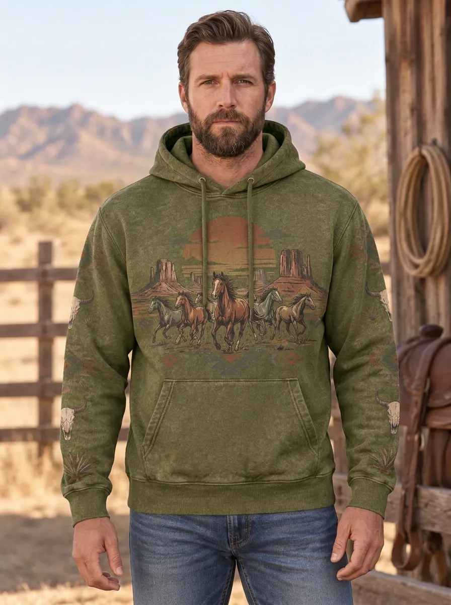 Men's Western Cowboy Horse Desert Sunset Sun Graphic Hoodie