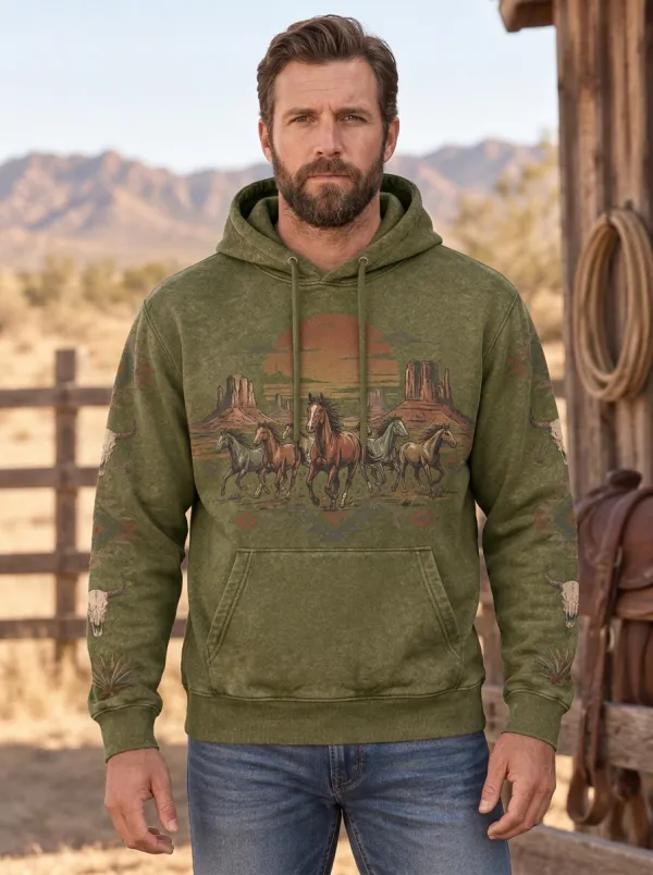 Men's Western Cowboy Horse Desert Sunset Sun Graphic Hoodie