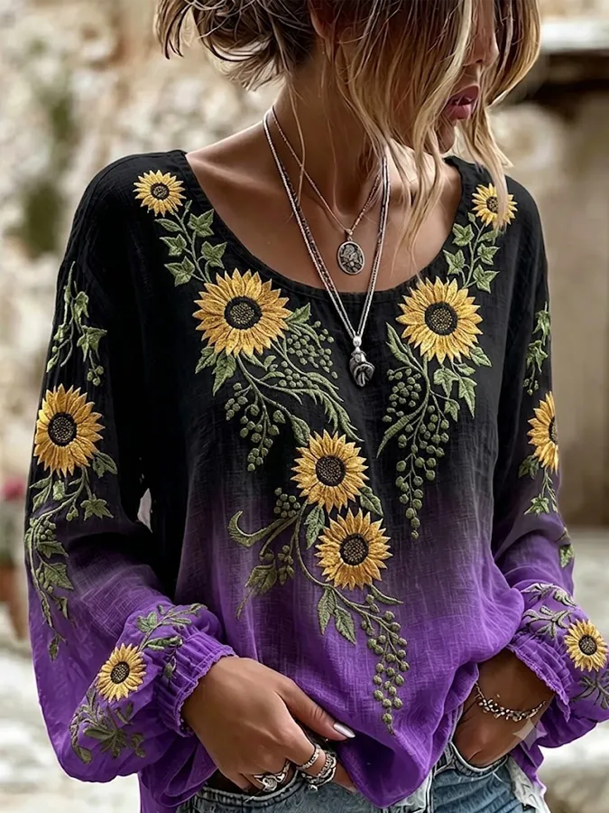 Women'S Floral Print Fresh Round Neck Top