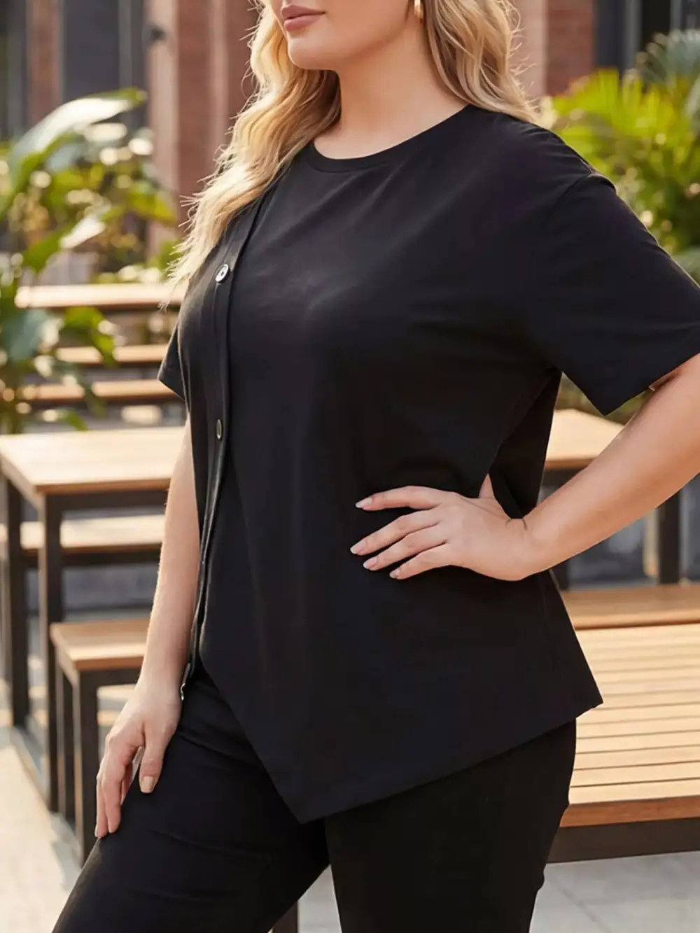 Plus Asymmetrical Button Decor Short Sleeve T