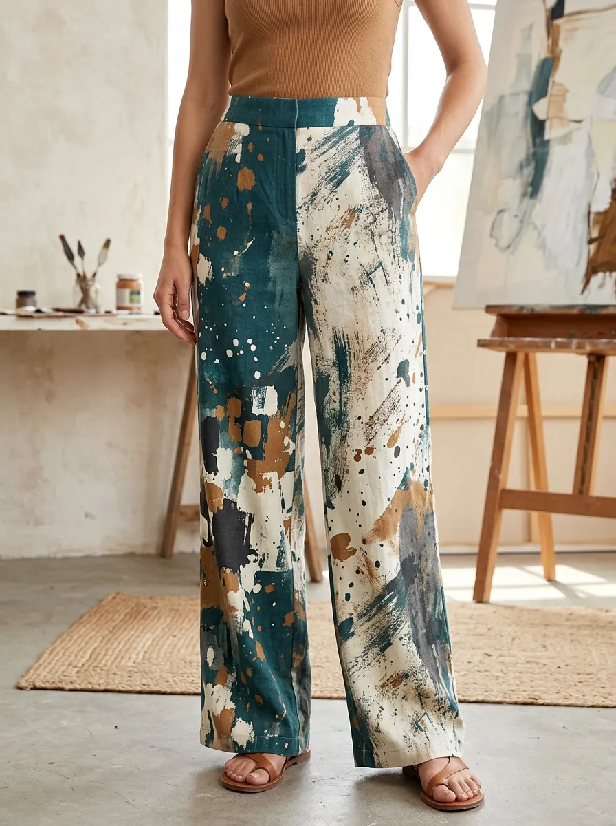 Women's Abstract Art Lover Paint Splatter Printed Wide Leg Pants