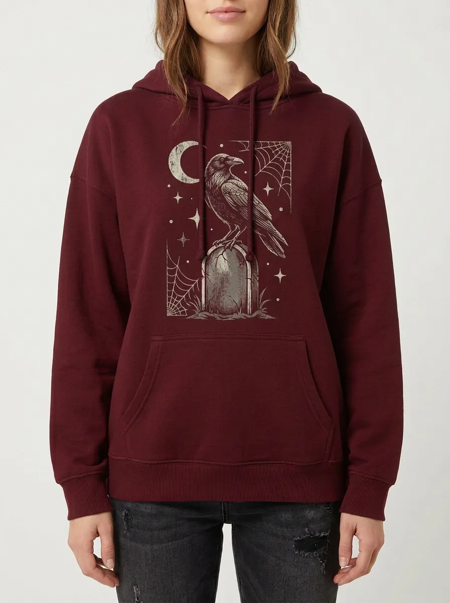 Women's Halloween Gothic Raven Tombstone Printed Hoodie