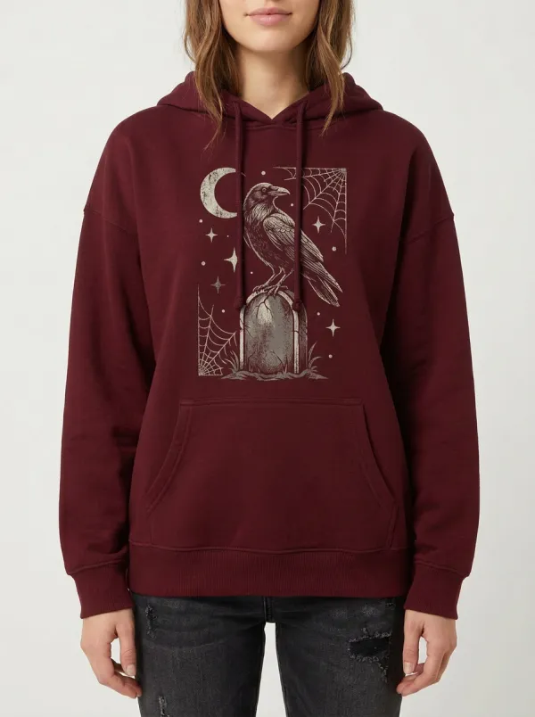 Women's Halloween Gothic Raven Tombstone Printed Hoodie