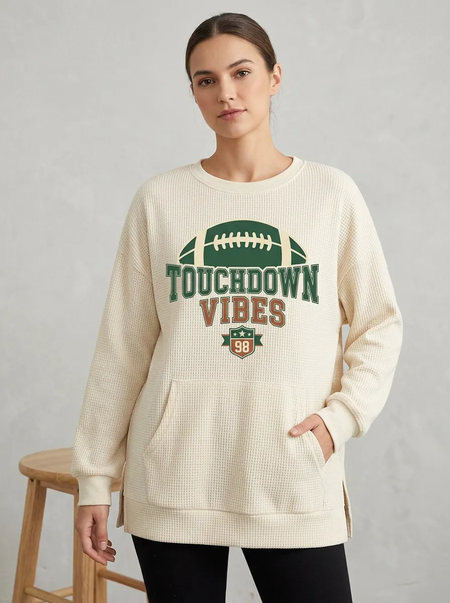 Women's American Football Touchdown Vibes Graphic Printed Waffle Sweatshirt