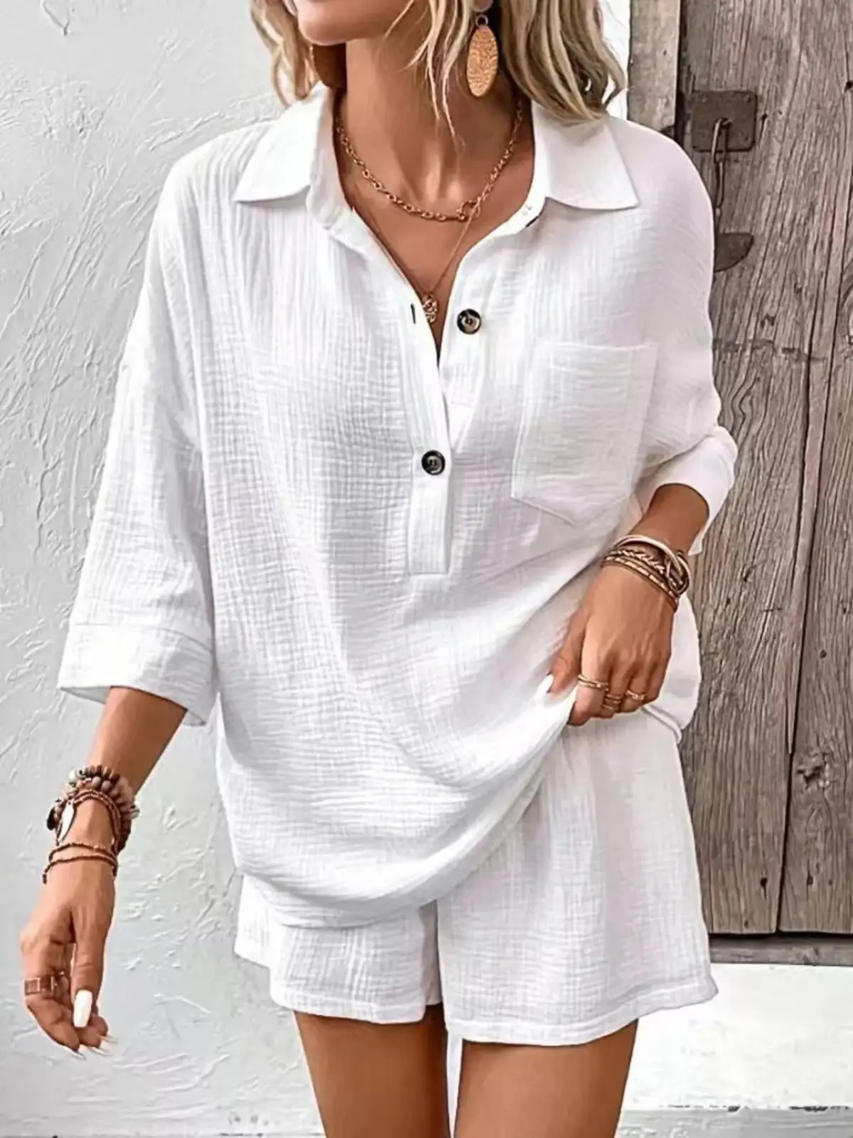 Button-Detail Pocketed Cotton Top and Shorts Matching Set