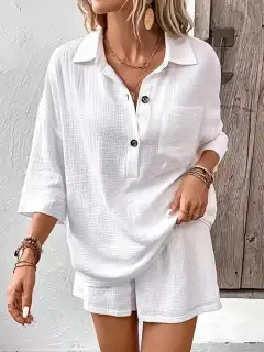 Button-Detail Pocketed Cotton Top and Shorts Matching Set