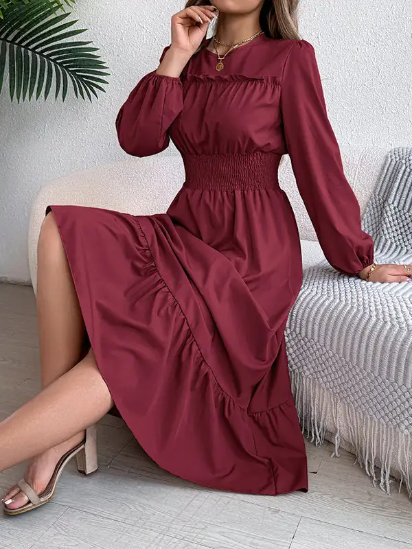 Elasticated Pleated Neck Maxi Dress